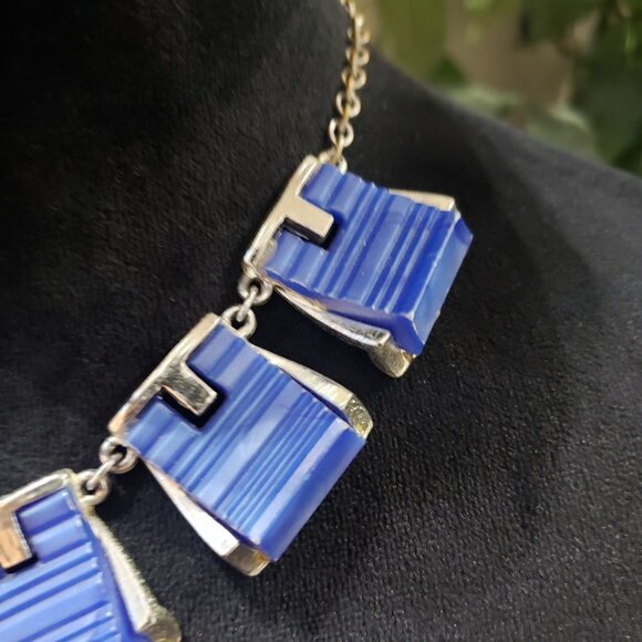 Women Fashion Gold & Blue Tone Geometric Shape Link Chain Choker Necklace - Picture 4 of 6